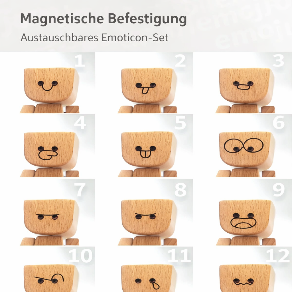 Grille de douze visages interchangeables sur la même tête en bois, chacun avec une expression différente, numérotés de un à douze. 6