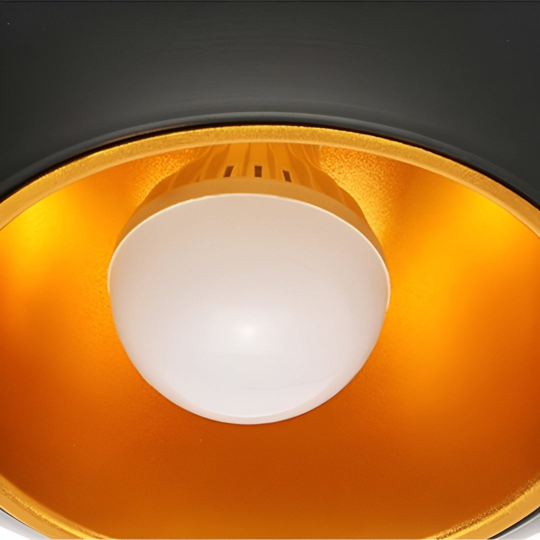 Gros plan sur l'intГ©rieur dorГ© d'une suspension noire avec une ampoule blanche opaque allumГ©e. 10