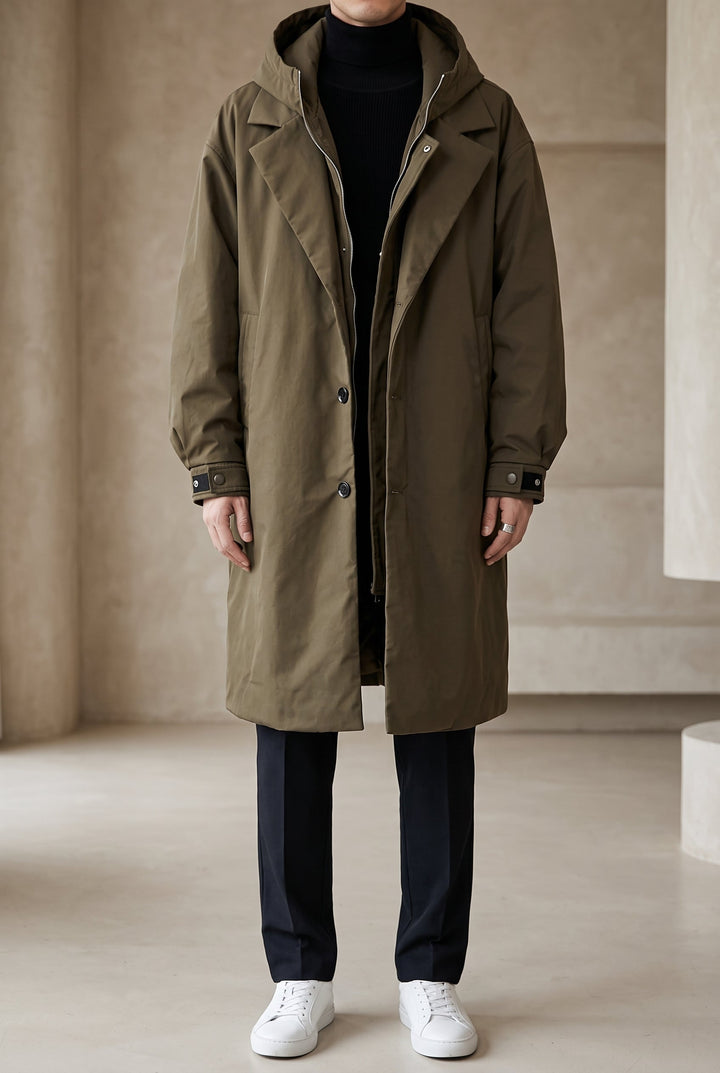 Imperméable vert olive porté en pied avec pull noir, pantalon sombre et baskets blanches, en intérieur 2