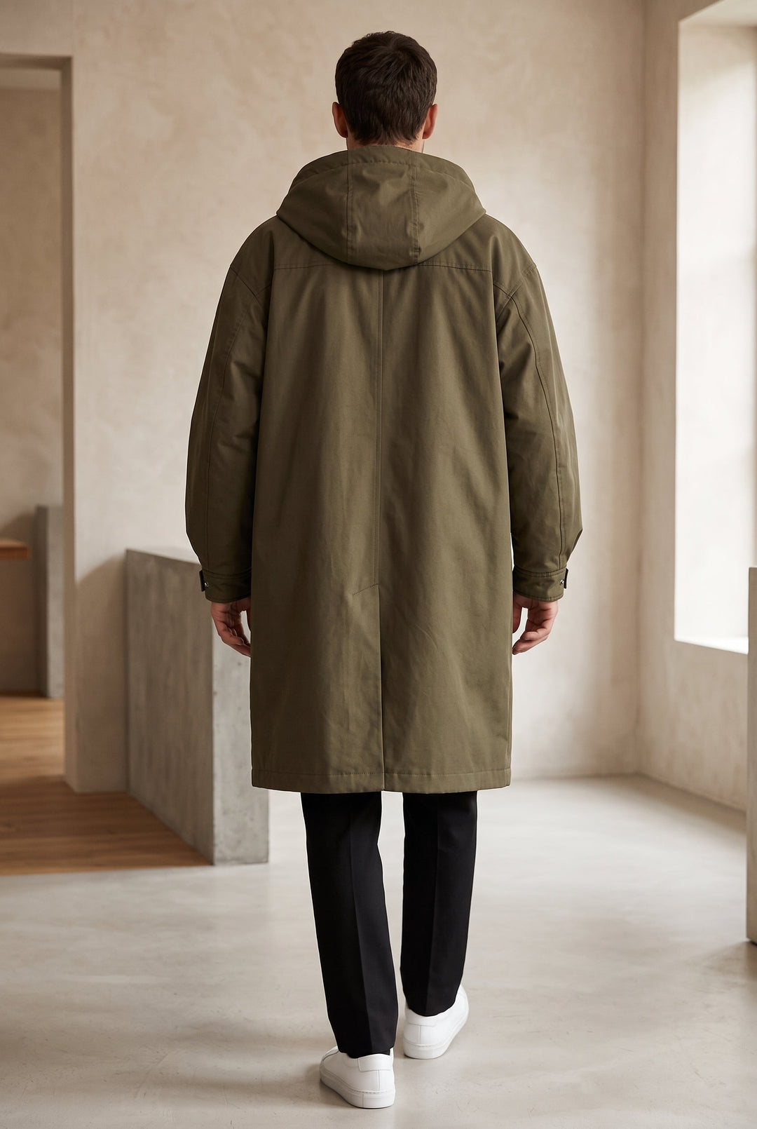 Vue de dos de l'imperméable vert olive porté par un modèle, capuche rabattue sur les épaules 3