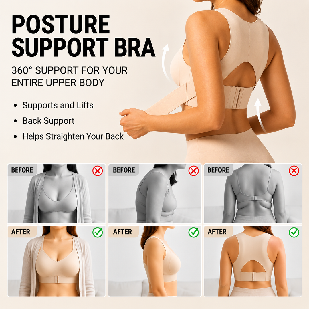 Vue de dos du soutien-gorge beige avec bande croisée et ouverture dans le dos, au-dessus de comparaisons avant et après de la posture. 4