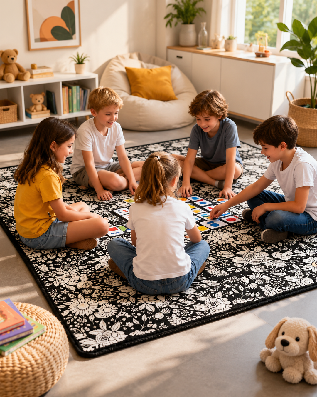 Groupe d'enfants assis en cercle sur le plaid à fleurs noir et blanc, jouant avec des cartes 4