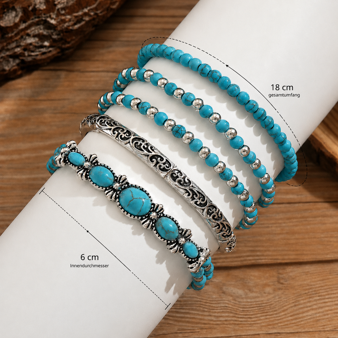 Les cinq bracelets alignés sur un support blanc avec des flèches indiquant le tour et le diamètre intérieur. 4