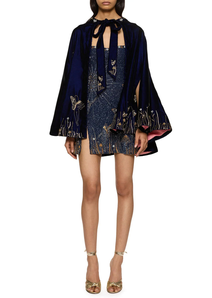 Robe portée sous une cape en velours bleu nuit nouée au cou, brodée de fées dorées 9