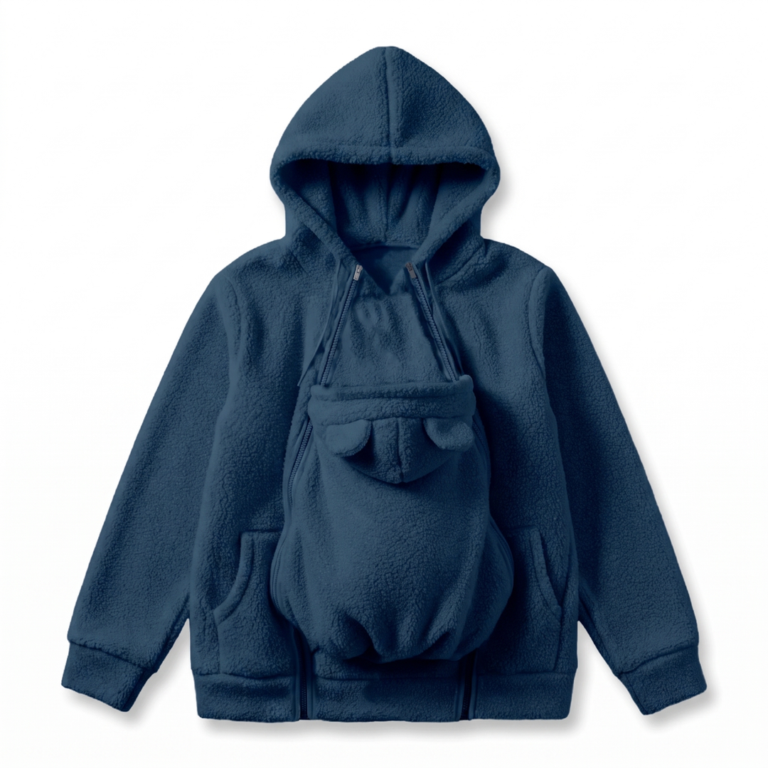 Version bleu marine du sweat en polaire à plat, avec capuche, poches kangourou et empiècement porte-bébé à oreilles d'ourson. 2