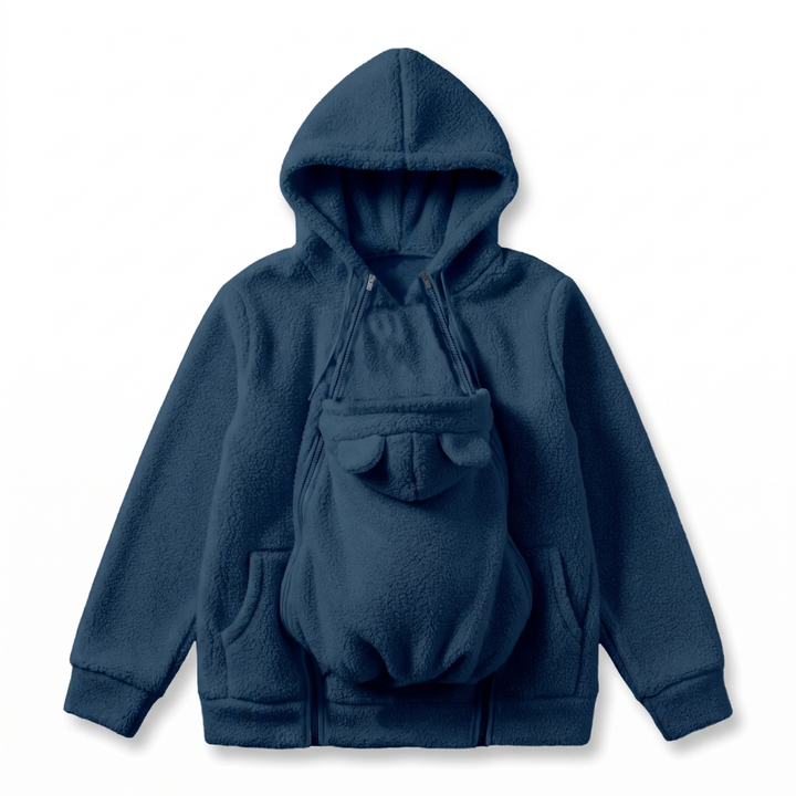 Version bleu marine du sweat en polaire à plat, avec capuche, poches kangourou et empiècement porte-bébé à oreilles d'ourson. 2