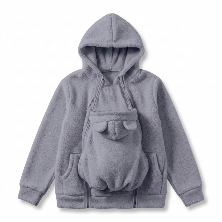 Sweat à capuche gris en sherpa à plat, panneau porte-bébé à oreilles d'ourson et poches latérales. 12