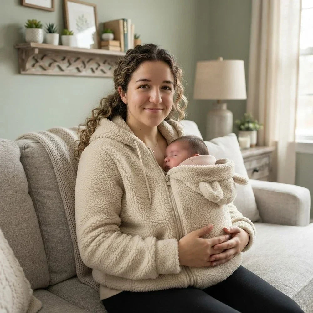 Femme assise sur un canapé, en sweat beige en polaire, un bébé endormi contre elle dans l'empiècement à oreilles d'ourson. 14