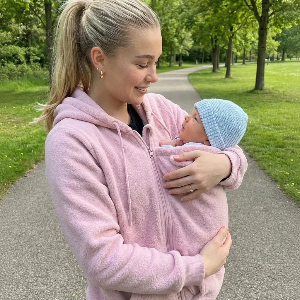 Femme en sweat rose polaire dans un parc, regardant son bébé en bonnet bleu porté contre elle. 4