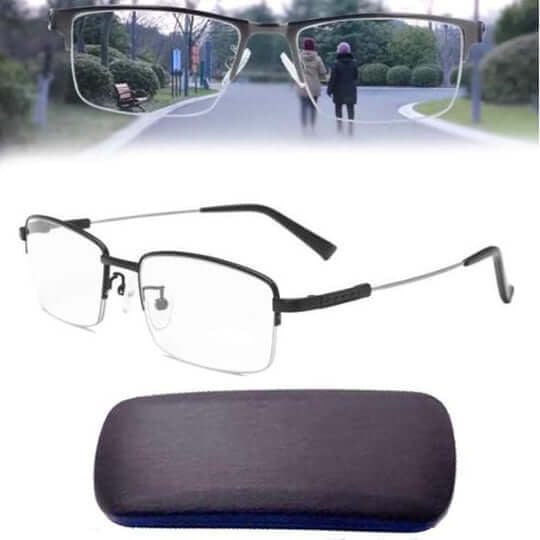 Lunettes noires demi-cerclées à branches grises avec leur étui rigide fermé, au-dessous d'une scène de promenade 6