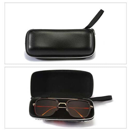 Étui noir façon cuir fermé, puis ouvert avec une paire de lunettes de soleil à l'intérieur 9