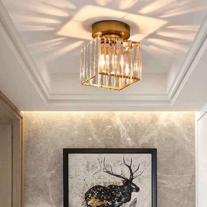 Plafonnier carré en cristal avec base et cadre dorés dans une entrée, au-dessus d'un tableau représentant un cerf. 8