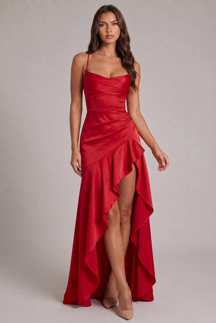 Robe longue rouge en satin portée de face, avec fines bretelles, buste drapé, taille froncée et grand volant avec fente. 13
