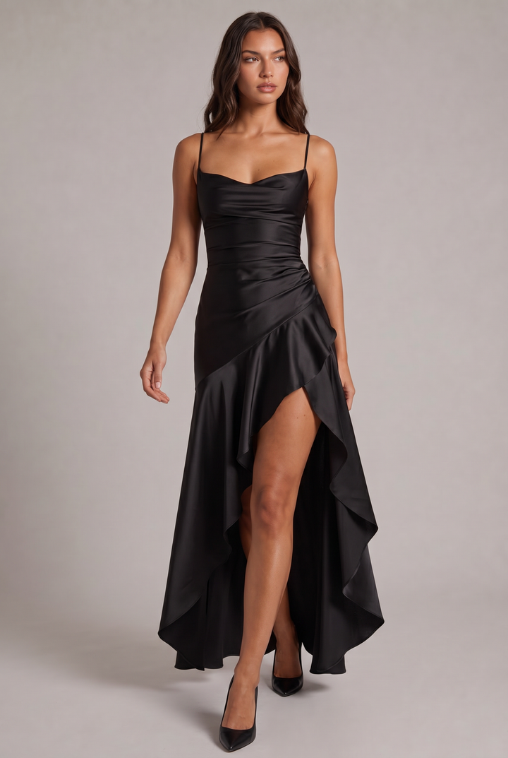 Robe longue noire en satin portée de face en marchant, avec fines bretelles, taille drapée et volant asymétrique fendu. 9