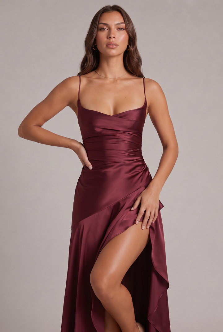 Gros plan sur le buste de la robe bordeaux en satin, avec décolleté drapé, fines bretelles et fente laissant voir la jambe. 2