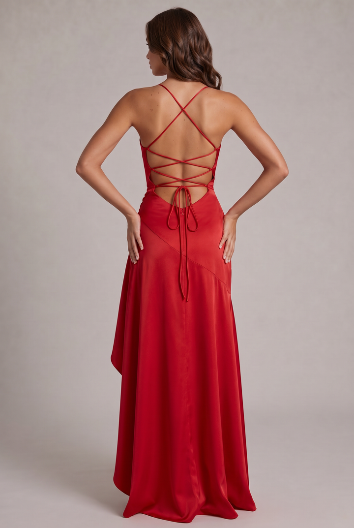 Robe rouge vue de dos, dos nu à fines lanières croisées avec nœud, couture oblique et jupe ample à bas asymétrique. 16