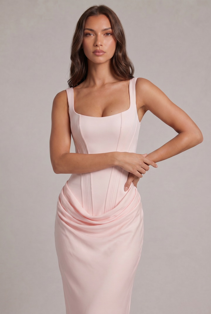 Gros plan sur le corsage rose pâle de face, encolure carrée, larges bretelles et coutures structurées du corset. 26