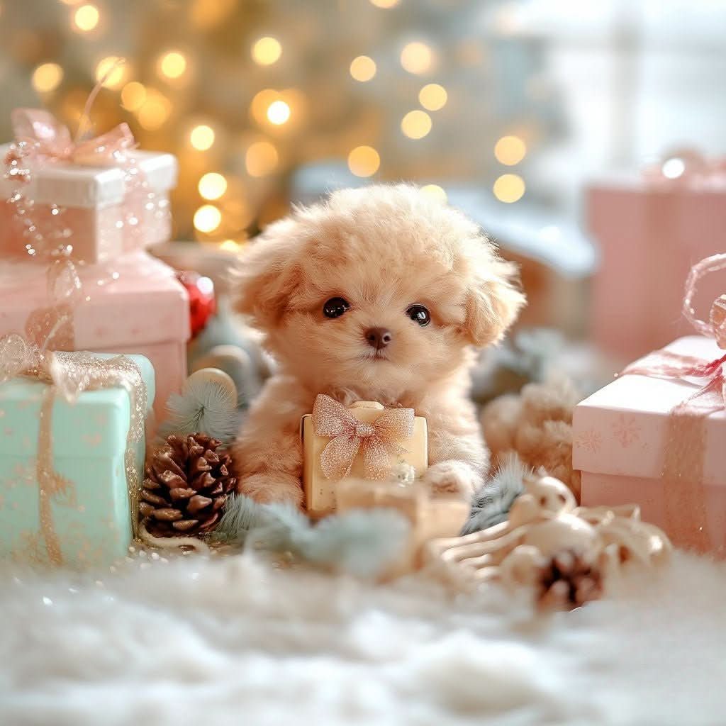 Chiot en peluche beige assis parmi des paquets cadeaux pastel, des pommes de pin et des guirlandes lumineuses floues. 3