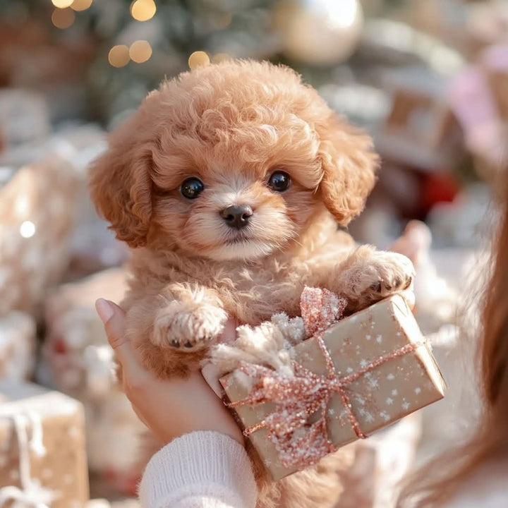 Chiot en peluche aux boucles caramel, tenu par une main, les pattes posées sur un petit cadeau pailleté. 5
