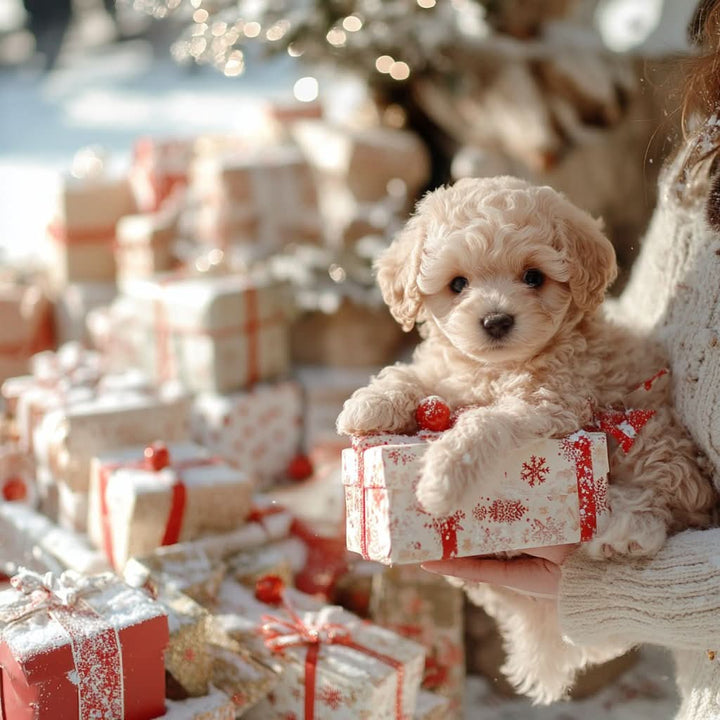 Chiot en peluche crème tenu dans les bras, pattes posées sur un paquet cadeau à motifs de flocons rouges. 7