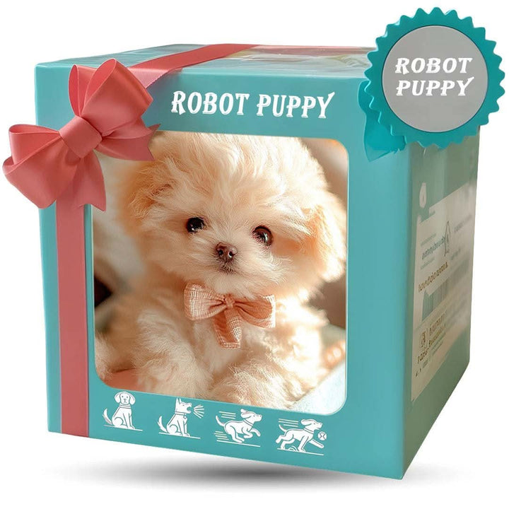 Boîte cadeau turquoise avec un grand nœud rose et une fenêtre montrant un chiot en peluche crème, pictogrammes de mouvements en bas. 8