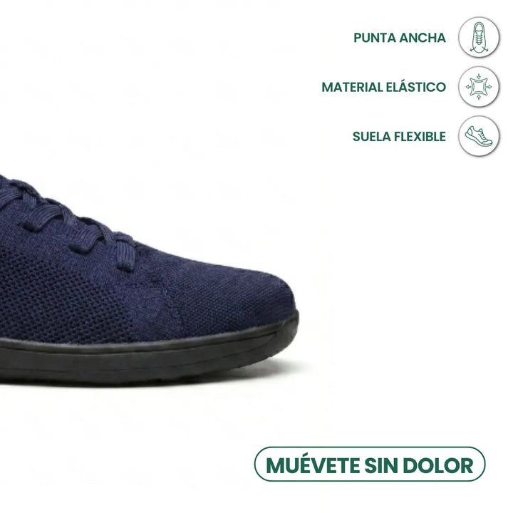 Bout large de la basket en mesh bleu marine à semelle noire, avec icônes sur la pointe, l'élasticité et la souplesse. 23
