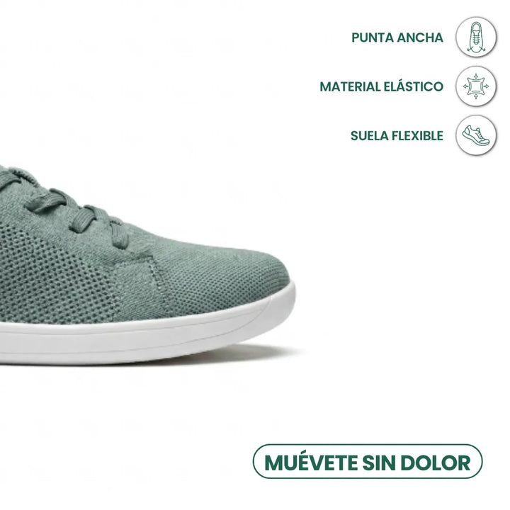 Bout large de la basket en mesh vert sauge à semelle blanche, avec icônes sur la pointe, l'élasticité et la souplesse. 32