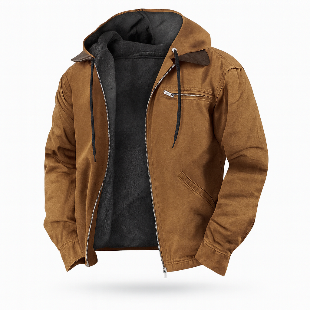 Blouson à capuche camel zippé et ouvert, doublure polaire noire, poche poitrine zippée, sur fond blanc uni. 1
