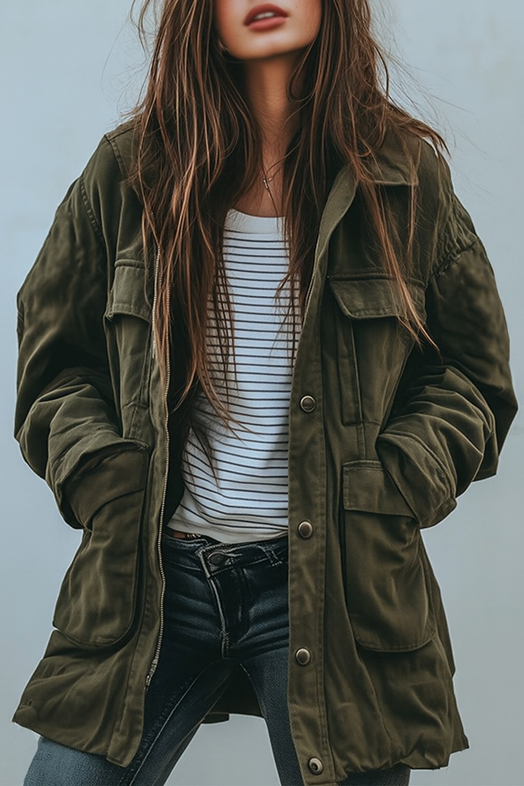 Femme aux longs cheveux bruns portant la veste verte ouverte sur un t-shirt rayé et un jean, mains dans les poches. 1
