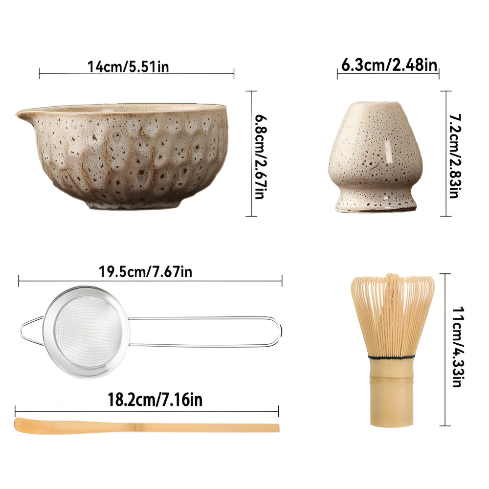 Schéma des dimensions de chaque pièce du set crème : bol, porte-fouet, passoire à manche, cuillère et fouet en bambou, cotes en cm et pouces. 15