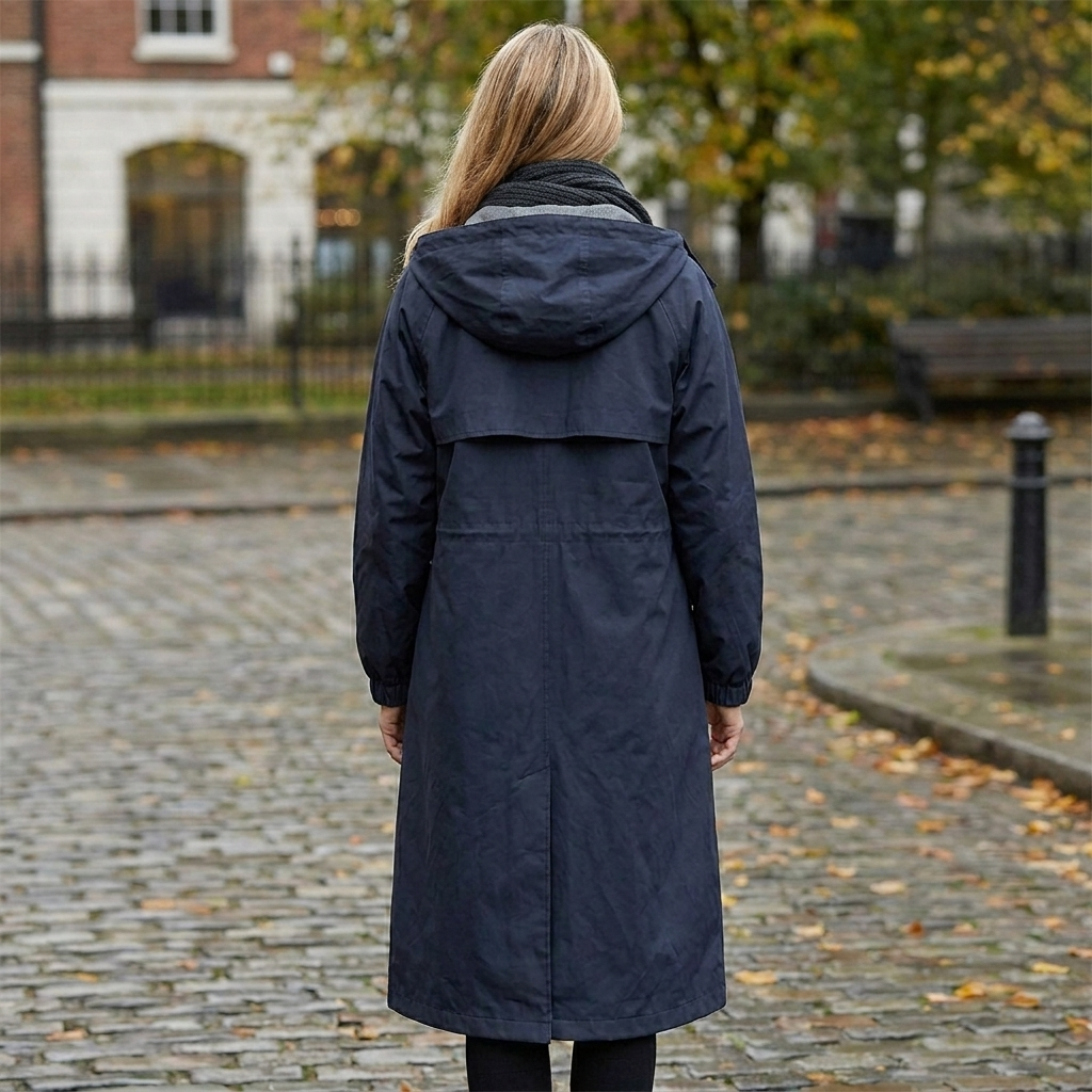 Imperméable long bleu marine vu de dos, avec capuche rabattue et manches élastiquées, porté dans une rue pavée d'automne. 8