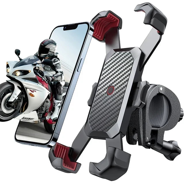 Support de téléphone à pinces rouges et collier de fixation au guidon, près d'un smartphone affichant un motard sur sa moto. 2
