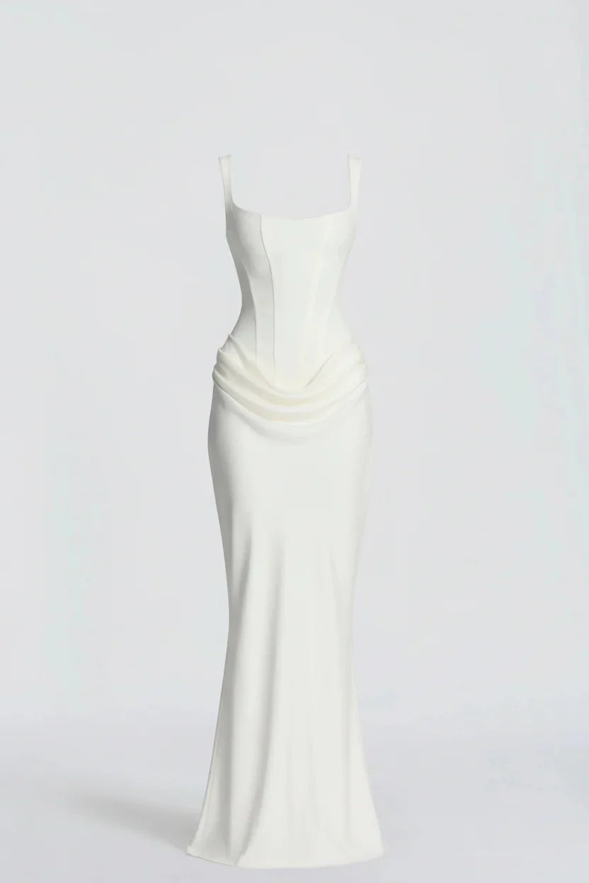 Robe sirène blanc ivoire à bretelles larges, buste corseté et drapé sur les hanches, vue de face 1