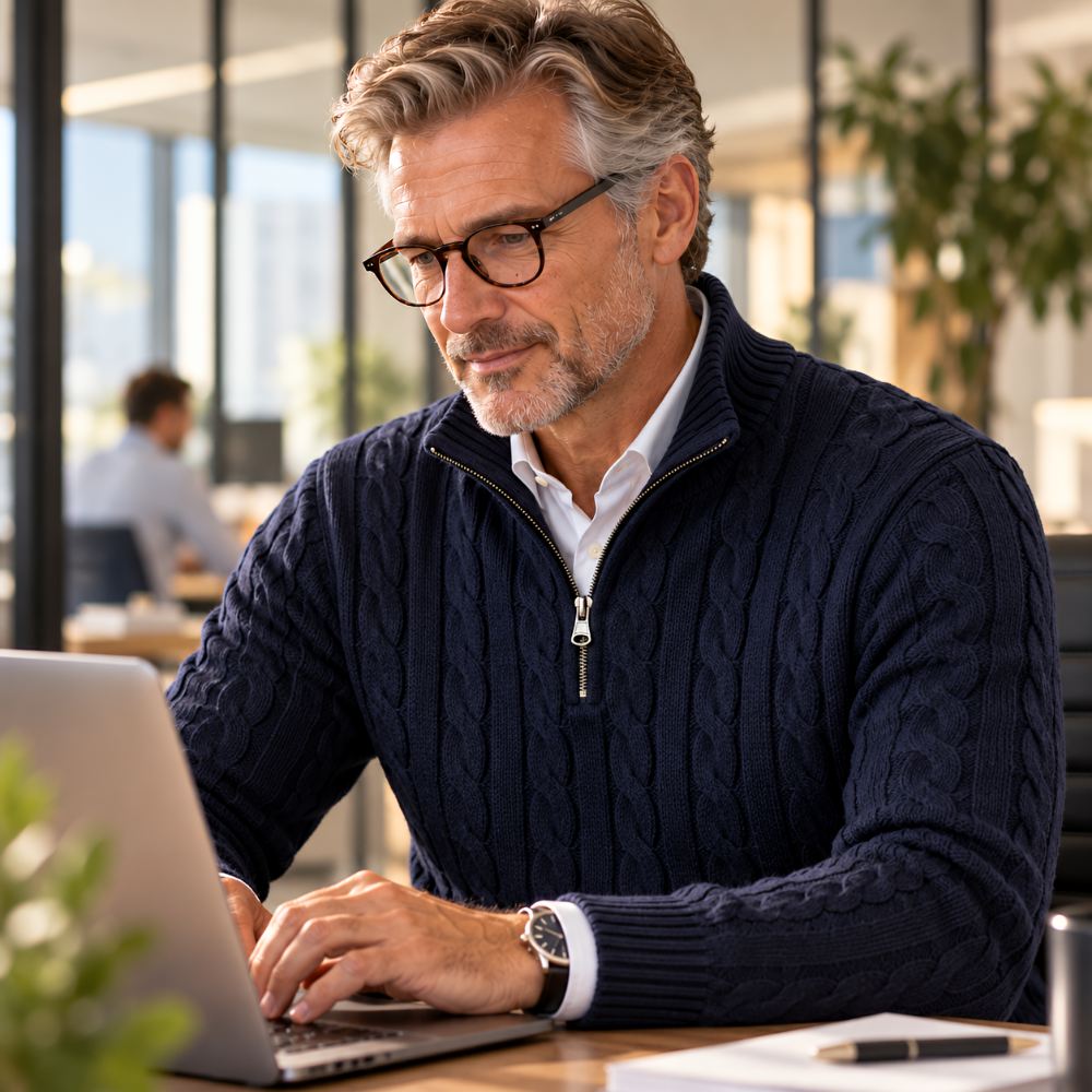 Homme à lunettes en pull bleu marine à col zippé, tapant sur un ordinateur portable dans un bureau lumineux. 7