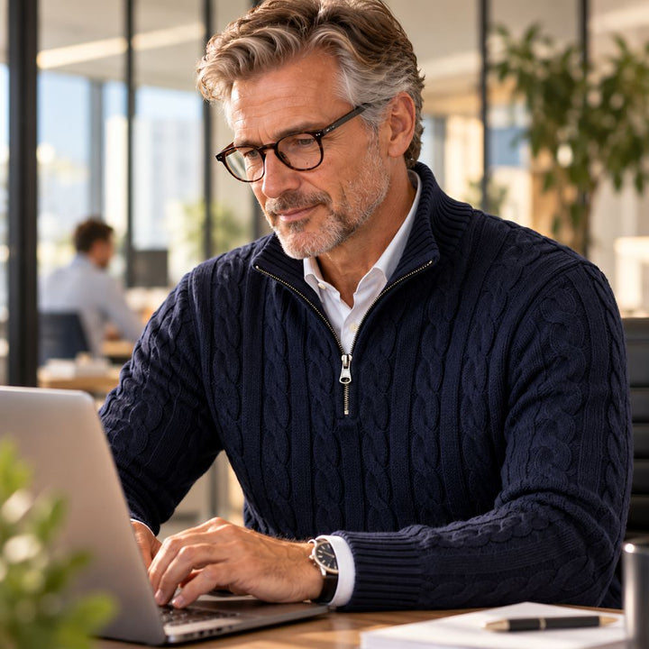 Homme à lunettes en pull bleu marine à col zippé, tapant sur un ordinateur portable dans un bureau lumineux. 7