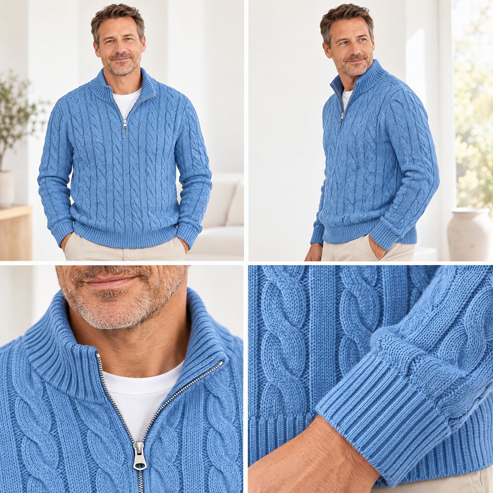 Montage de quatre vues du pull bleu clair : de face, de trois quarts, détail du col zippé et du poignet côtelé. 5