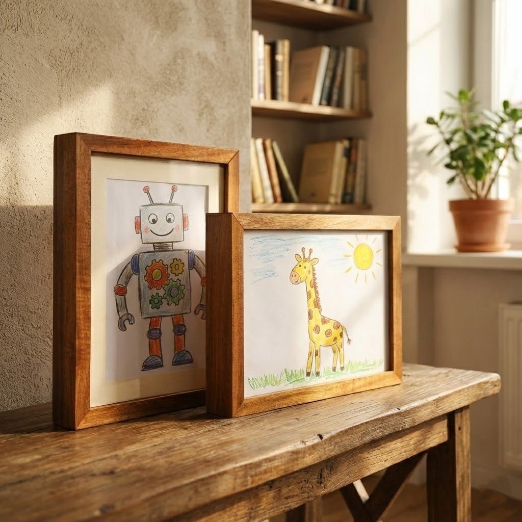 Deux cadres en bois foncé, l'un en portrait avec un robot, l'autre en paysage avec une girafe, posés sur une table rustique. 2