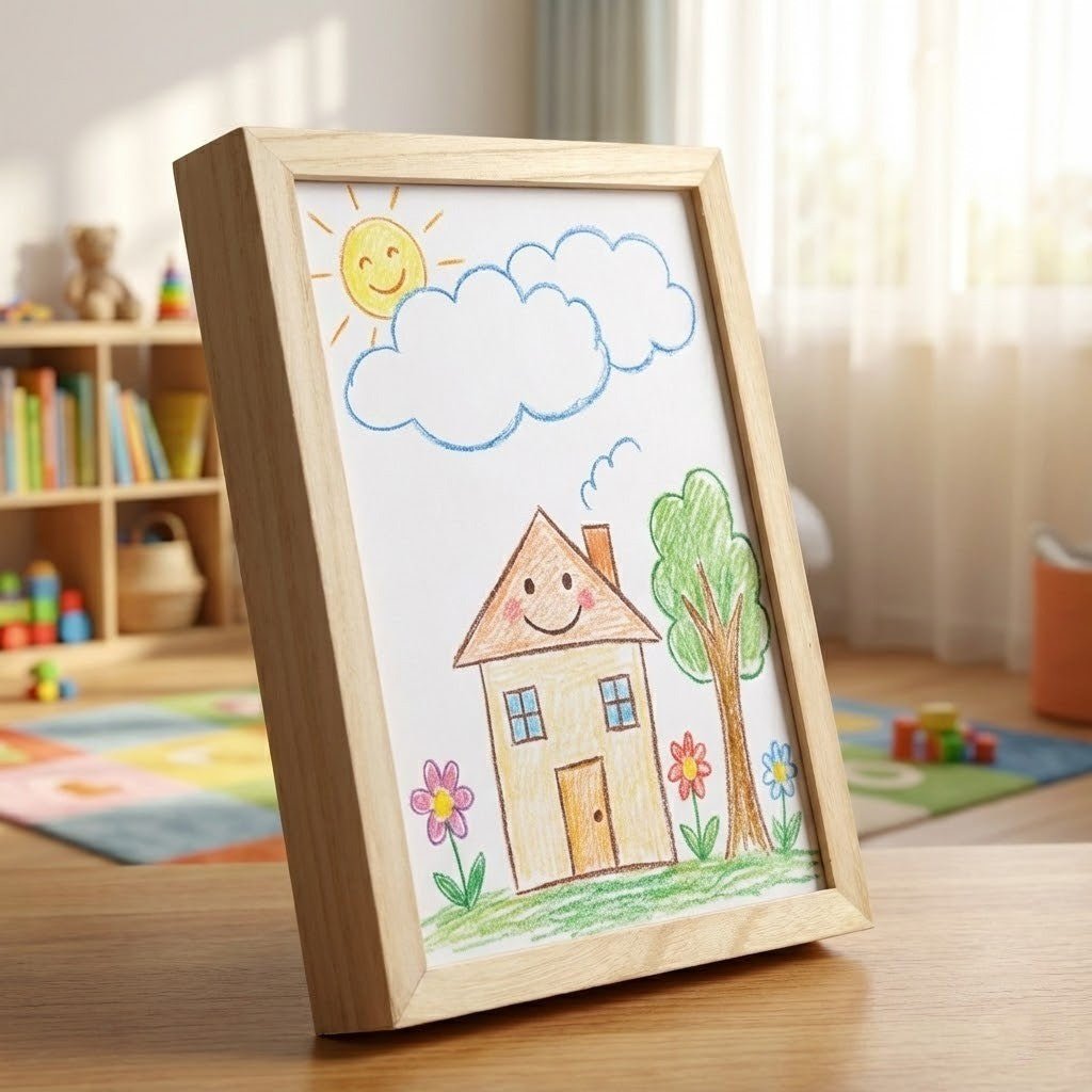 Cadre en bois clair en position verticale montrant un dessin de maison souriante sous un soleil, dans une chambre d'enfant. 4