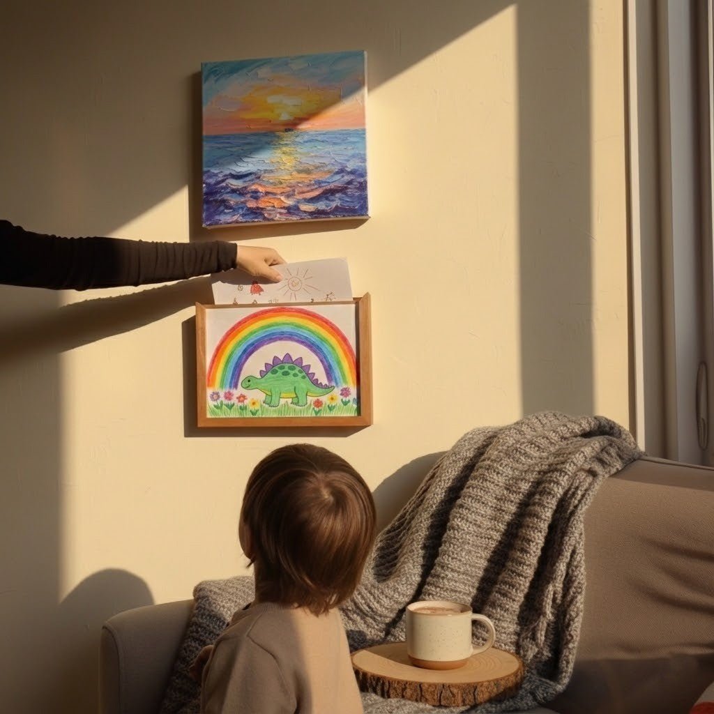 Cadre mural en bois dont une main glisse un nouveau dessin dans la fente du haut, un enfant regardant depuis le canapé. 5