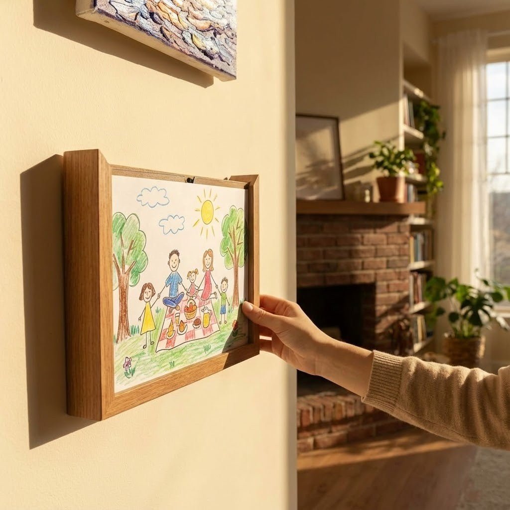 Cadre mural en bois à côté d'une toile, une main soulevant le dessin de pique-nique familial pour accéder au rangement. 6