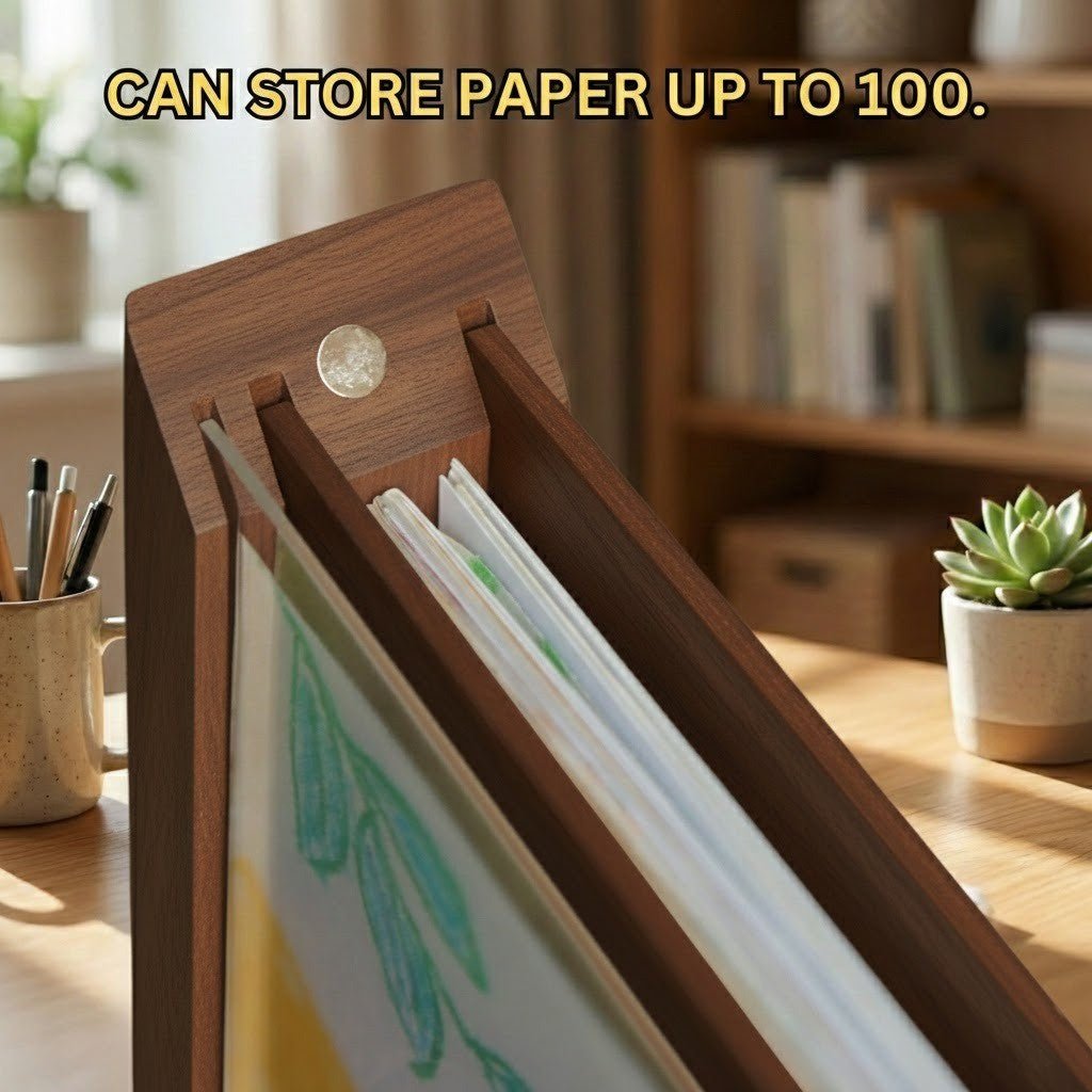 Gros plan sur la fente supérieure du cadre en bois foncé, remplie de feuilles empilées derrière un dessin au crayon vert. 9
