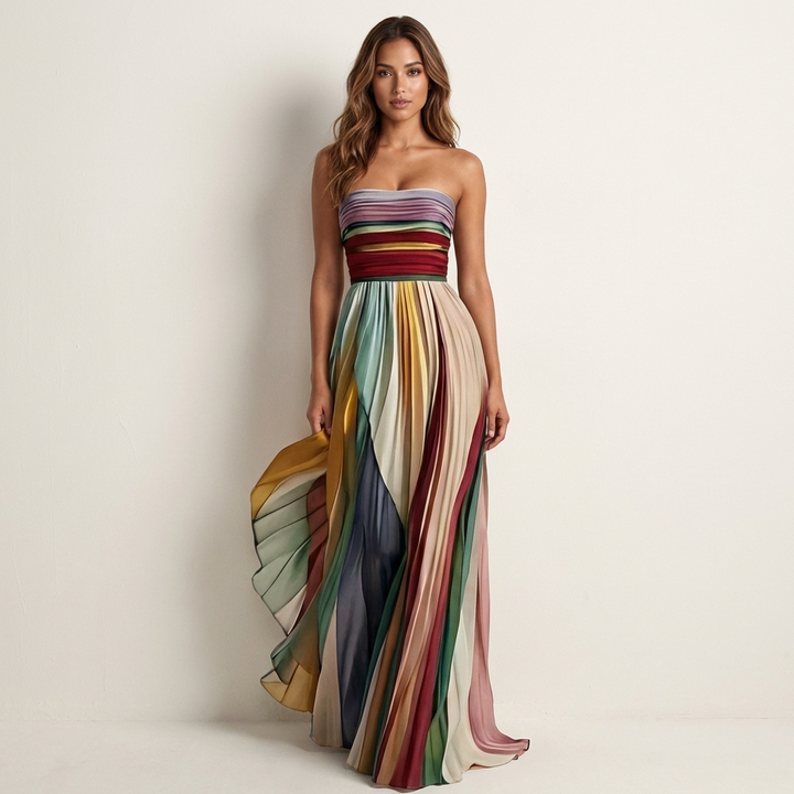 Femme en robe bustier plissée à rayures multicolores, vue de face en pied, un pan de la jupe soulevé. 1