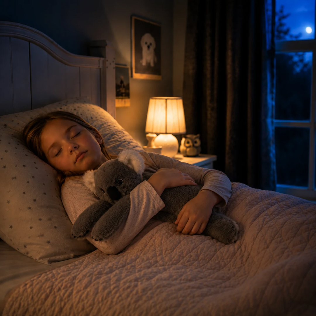 Fillette endormie dans son lit, la nuit, serrant contre elle une peluche koala sous la couette. 10
