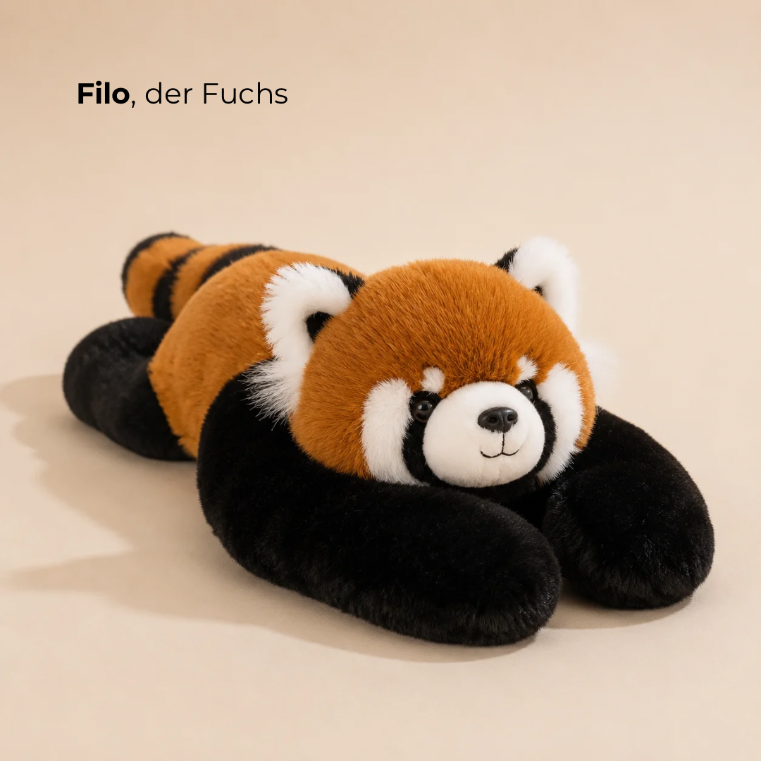 Peluche panda roux au pelage orangé, aux pattes noires et à la queue rayée, couché face à nous. 5