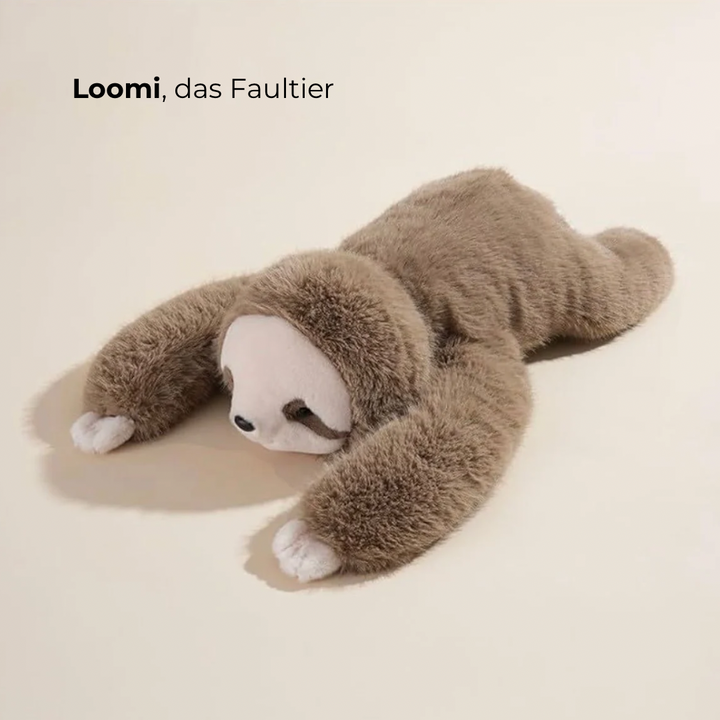 Peluche paresseux au pelage brun doux, allongé à plat sur un fond beige, bras tendus et museau blanc. 1