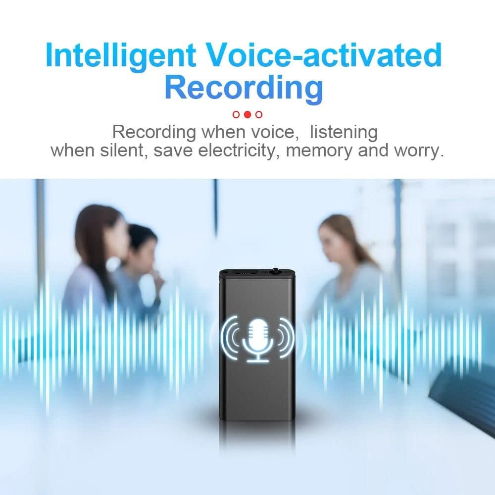 Enregistreur noir posé devant des personnes floues en discussion, avec ondes sonores et icône de micro 2