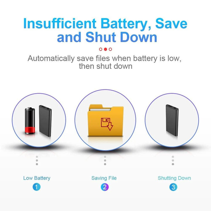 Schéma en trois étapes montrant l'enregistreur avec batterie faible, sauvegarde du fichier puis extinction automatique 8