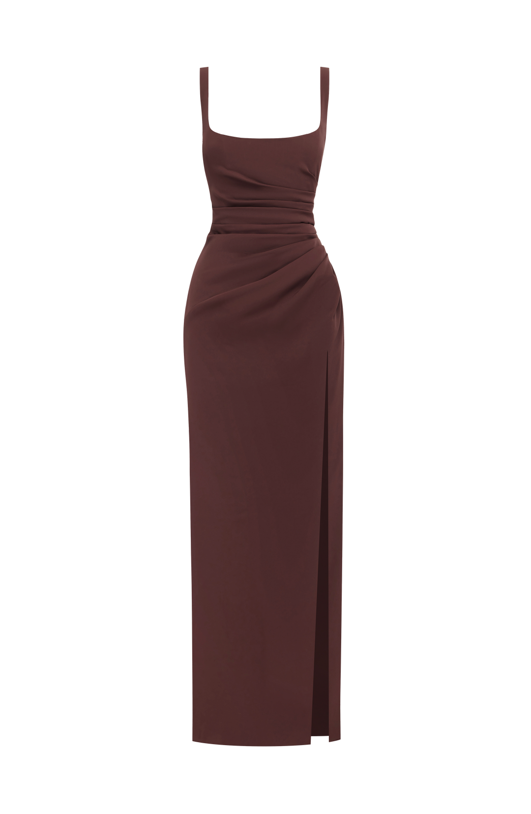 Robe longue marron chocolat présentée seule sur fond blanc, sans mannequin, avec drapé à la taille et fente sur le devant. 9