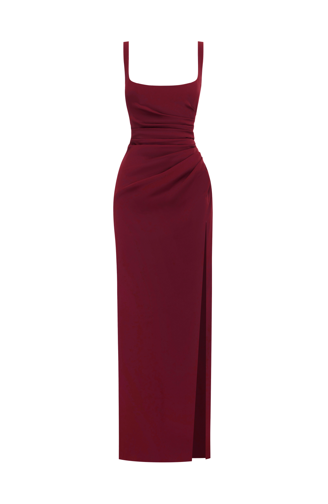 Robe bordeaux présentée à plat sur fond blanc, vue de face : bretelles larges, drapé à la taille, fente latérale. 23