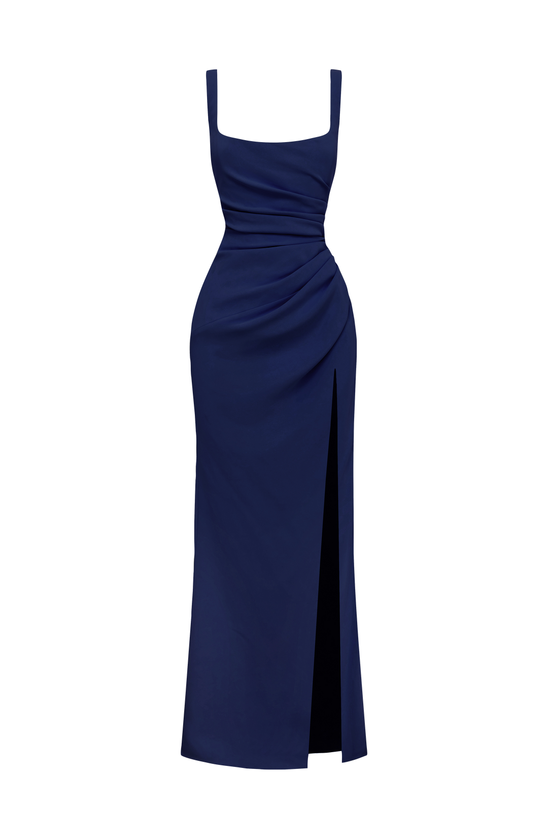 Robe longue bleu marine présentée seule sur fond blanc, avec taille drapée et fente haute sur le devant. 16